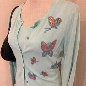Moeina blue beaded butterfly cardigan set.